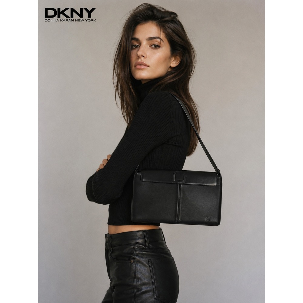 DKNY City Black Leather Shoulder Bag Vintage Minimalist Baguette Flap Purse